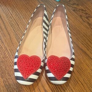 Kate Spade Black and White Striped Flats with Red Heart